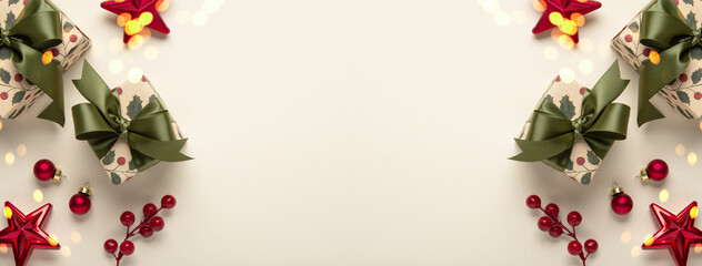 Merry Christmas and Happy Holidays greeting card, frame, banner. New Year. Christmas ornaments and gifts, presents on light beige background top view. Winter xmas holiday festive theme.