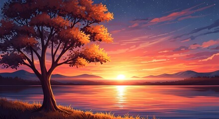 Scenic Autumn Tree by Lake at Sunset with Starry Sky