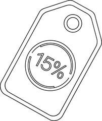 Line art discount tag with 15 percent symbol representing sale offer, price reduction, promotion, retail shopping deal design