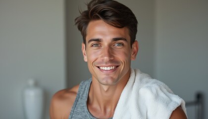 Smiling young man with a towel draped over his shoulder