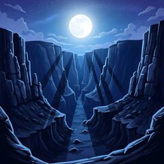 Dark Mysterious Canyon Landscape at Night with Full Moon and Mist