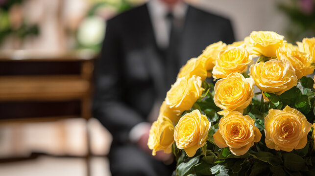 A vibrant bouquet of yellow roses stands out against a blurred figure in a suit, creating a poignant and hopeful image. Remembrance and love.