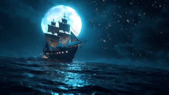 A vivid portrayal of a sailing ship under a full moon, set against a backdrop of a stormy night sky. The ship is illuminated by the moonlight.