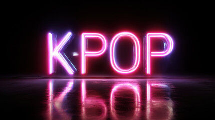 K-pop music neon sign glowing with pink blue light reflected on dark wet street black background. Modern entertainment concert for musical kpop culture. Korean popular cool lifestyle. Cultural Korea.