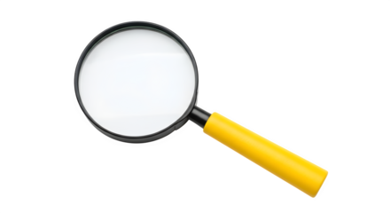 Close-up of a magnifying glass with a yellow handle against a white background, perfect for illustrating search and discovery concepts