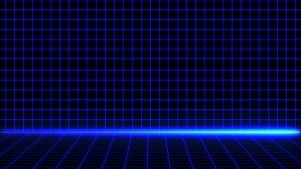 Neon blue grid futuristic background, Retro digital floor and wall glow animation for tech visuals - Powered by Adobe
