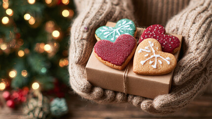 Cozy knitted gloves holding a gift box topped with heart-shaped cookies in front of a Christmas tree. Sweet treats and cozy winter vibes.