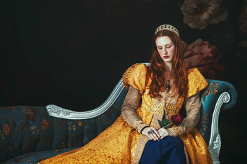 A red-haired woman wearing a gold historical-style robe with puffy sleeves. She's holding a red rose