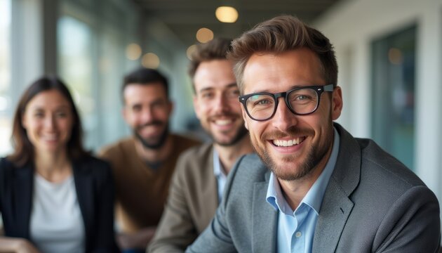 Smiling professionals in a modern office setting