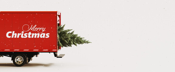 Fototapeta na wymiar Red truck driving Christmas tree on white background with Merry Christmas text and copy space. 3D Rendering, 3D Illustration 