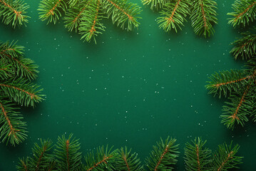 Christmas frame with xmas spruce tree on green snow background. Merry Christmas greeting card,...