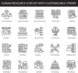 Human resource icon set with customizable stroke, vector, depicting hr management, recruitment, analytics, team performance, and employee development