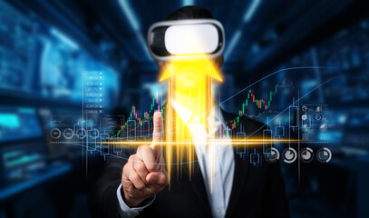 A business professional utilizes virtual reality technology to interact with colorful growth charts and financial analysis in a high-tech office setting. XDMCP