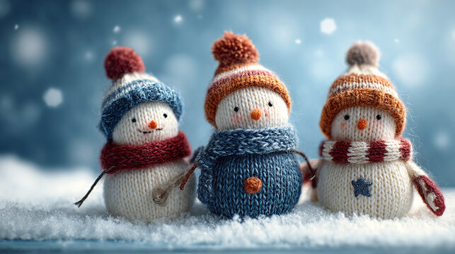 Three knitted snowmen stand cheerfully in a snowy scene, wearing colorful hats and scarves, radiating winter joy and holiday cheer. - Powered by Adobe