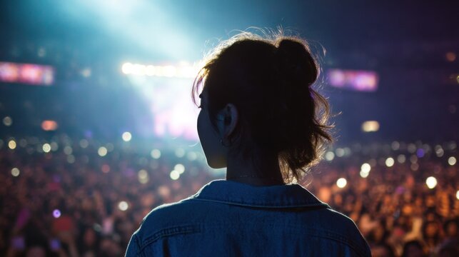 Korean k pop idol woman musician singer sing on stage performing live concert. Audience fans with hands raised cheering. Music festival or night event concept. Kpop Korea culture. - Powered by Adobe