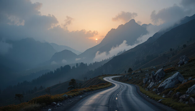 Winding road through mountains at sunset with fog