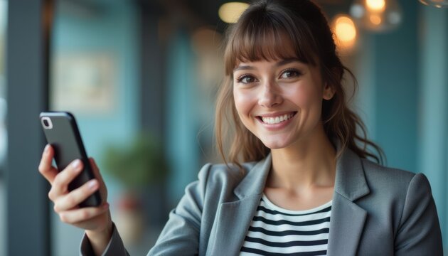 Smiling woman holding smartphone in a modern café - Powered by Adobe