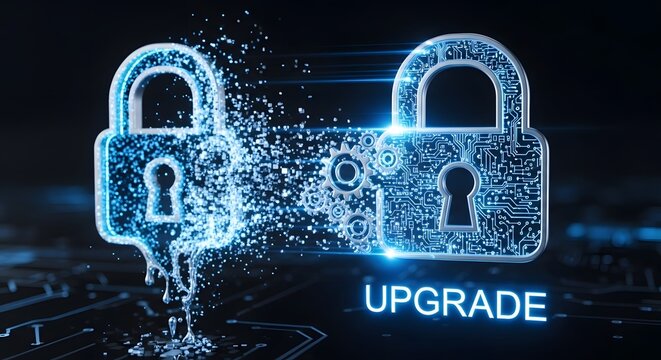 Digital padlocks representing security upgrade and data protection in a technological environment