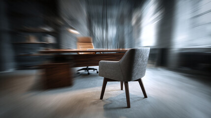 An empty office space with a wooden desk and gray chair gives off an impression of professionalism and sophistication with natural light.