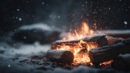 A cozy fire crackles against a snowy backdrop. Sparks dance in the cold air as logs burn brightly in a winter scene, a captivating contrast.