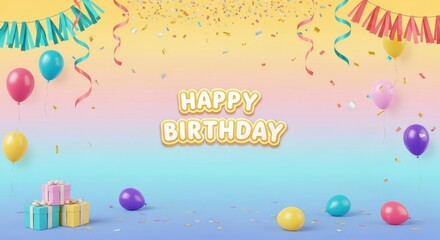 Festive birthday celebration backdrop with balloons, confetti, and gift boxes ambiance