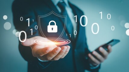 Secure digital information: A person's hand with a shield-shaped symbol with a lock in a data stream. The image represents the security of data