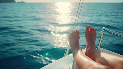 A persons feet rest on the bow of a sailboat during sunset on a calm sea. The sun casts a golden hue over the water.