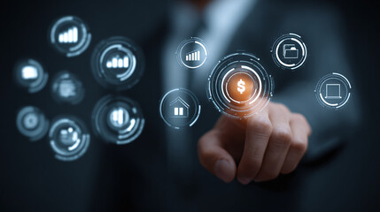 Financial Technology concept with interactive icons. Finger touching a digital dollar sign. The modern method for managing finances.