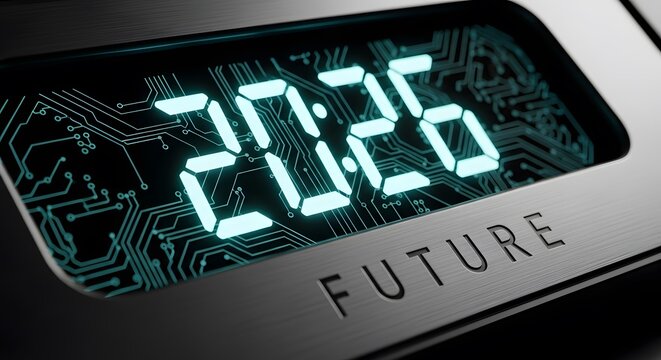 Digital display showing the year 2026 with circuit board pattern and future text