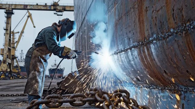 Welder in protective gear performs repairs with sparks flying on a large metal structure at a shipyard.