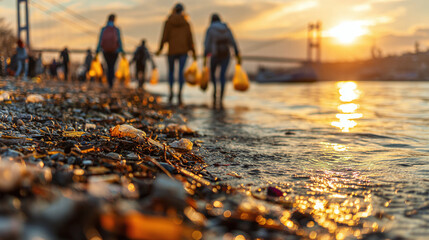 Group cleans littered shoreline at sunset, carrying collected waste bags; bridge visible in background. Focus on the trash and water's edge.