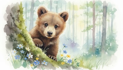 A playful bear cub hides behind mossy bark in a misty forest filled with wildflowers, expressing the innocence and curiosity of young wildlife in natural surroundings