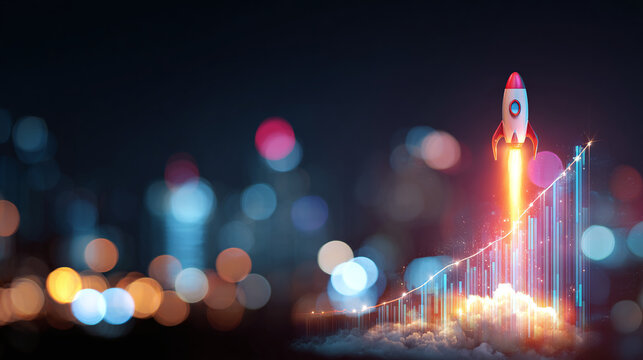 Rocket launching over a graph, symbolizing business growth and progress, set against a blurred urban backdrop. Symbolizing success and innovation.