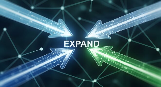 Expanding network concept with arrows pointing to center representing growth and connection