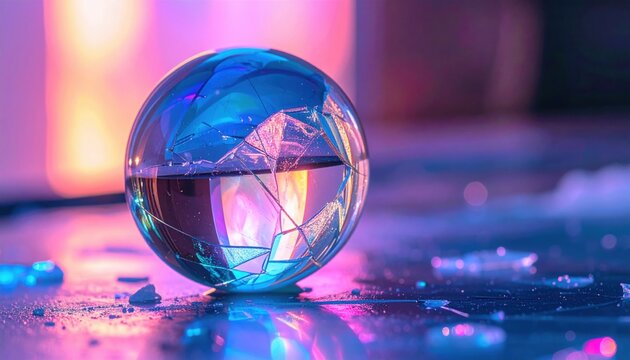 A luminous broken crystal sphere reflecting pink and blue neon light on a wet glossy surface, symbolizing fragility and futuristic beauty in an ethereal digital art environment