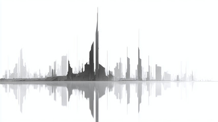 A captivating silhouette of a city skyline with its reflection on a glassy surface, creating an elegant and artistic composition. The image showcases the city's architectural grandeur