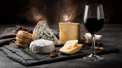 A refined cheese assortment with blue and aged cheeses, nuts, crackers, herbs, and a glass of red wine displayed on a slate board for a sophisticated food setting.