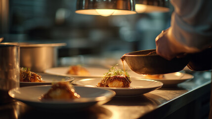 Chefs preparing and plating gourmet dishes under heat lamps in a professional restaurant kitchen, highlighting refined presentation and culinary craftsmanship.