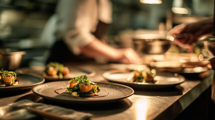 A high-end restaurant kitchen scene with chefs plating multiple gourmet dishes under warm lights, showcasing professional culinary preparation and service.