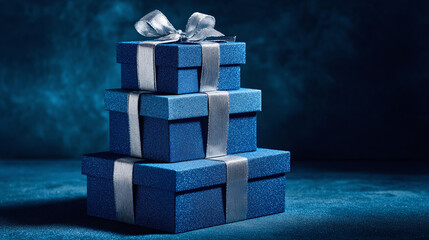 A stack of shimmering, blue gift boxes adorned with silver ribbons and a bow, perfect for any occasion. Festive and elegant presentation.