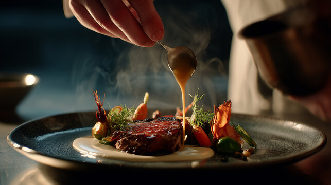 A chef&rsquo;s hand pouring warm sauce over a plated gourmet meat dish with vegetables and herbs, presented on a dark plate in a professional fine-dining setting.