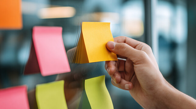 Brainstorming in progress. An anonymous hand is placing a yellow sticky note on a glass wall covered with colorful notes. Idea generation.