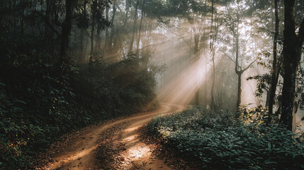 Fototapeta premium A winding dirt path through the woods is illuminated by sunlight, creating an ethereal, inviting scene. Nature's beauty at its finest!