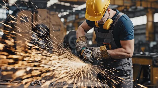 Skilled metalworker in yellow hard hat grinding metal with sparks flying in factory