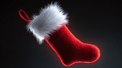 Festive red stocking, adorned with fluffy white trim, evokes the excitement of holiday surprises against a backdrop of warm, inviting ambiance.