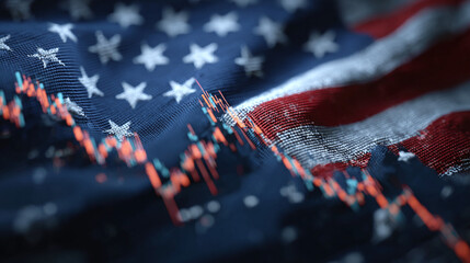 Stock chart over a waving American flag, representing economic uncertainty and market volatility in United States. Shows recession.