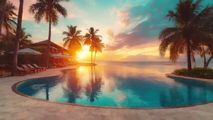 Aerial view of a serene tropical resort during sunset with palm trees and ocean viewswimming pool with turquoise water reflecting the sky during sunset.