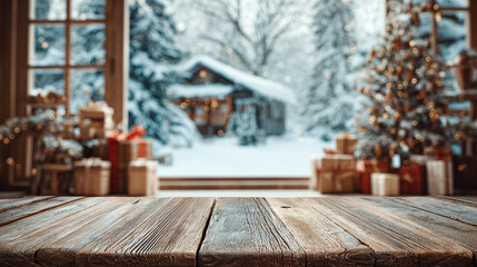 Rustic wooden surface with a winter wonderland backdrop. Gifts and a Christmas tree enhance the cozy holiday atmosphere from within.