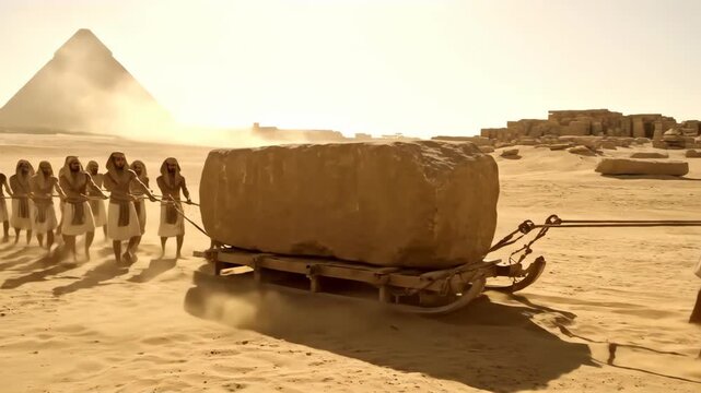 Ancient egyptians men pulling stone block on sledge through desert sand next to pyramid construction site, pseudoscience footage.