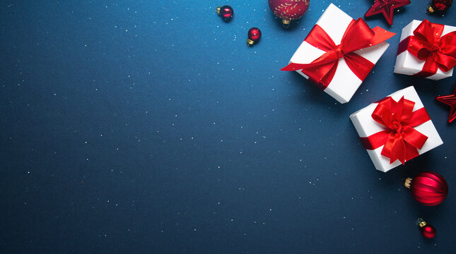Merry Christmas and Happy Holidays greeting card, frame, banner. New Year. Noel. Red and white Christmas decorations and gifts on blue background top view. Winter xmas holiday celebration theme. - Powered by Adobe